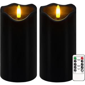 Black Flameless Candles, Set of 2 6"x3" Flickering LED Candles with Remote & Timer, Dimmable Real Wax Electric Pillar Candles Battery Operated, Flameless Candles Light for Home Halloween Decor (Black)