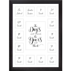School Year Picture Frame Pre K-12 Collage Photo 15 Opening White Mat Black Solid Wood Frames for Wall Hanging and Table Top Display Kindergarten to 12th Grade High School Graduation.