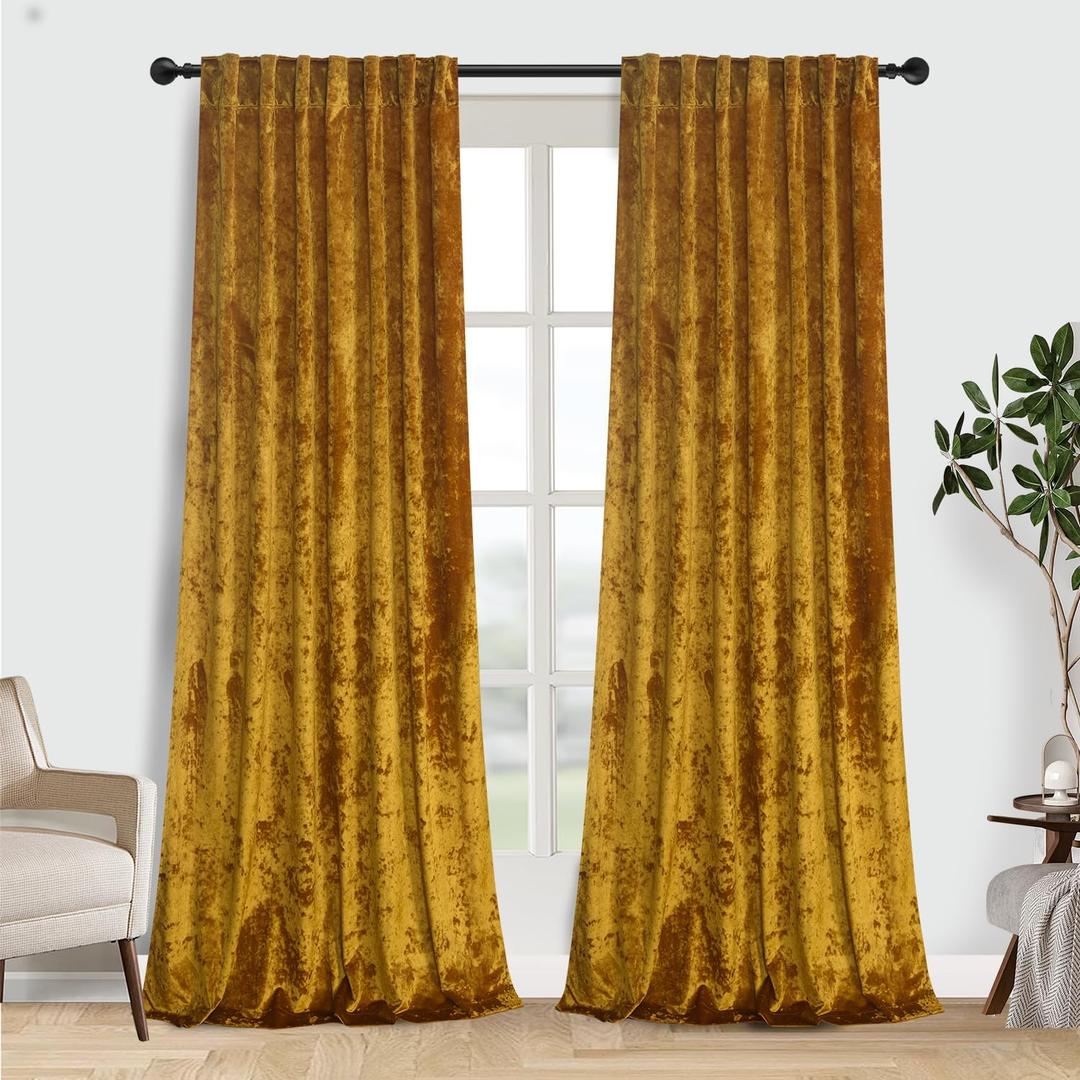 gisewood Lux Warm Gold Crushed Velvet Curtains 2 Panel Set - 108 inches Long Room Darkening Luxury Distressed Velvet Rod Pocket Window Drapes for Living Room Bedroom 52" W x 108" L