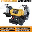 Woodskil 6 Inch Variable Speed Bench Grinder, 2000–3400 RPM Adjustable Speed, 2.5A Motor, Dual Grinding Wheels 36 & 60 Grit, Adjustable Tool Rest, Eye Shield for Sharpening Knives, Tools, Metal