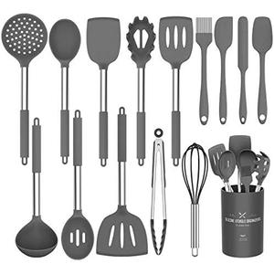 Silicone Cooking Utensil Set,Umite Chef Kitchen Utensils 10 pcs Set Non-stick Heat Resistan BPA-Free Stainless Steel Handle Tools Whisk - Grey