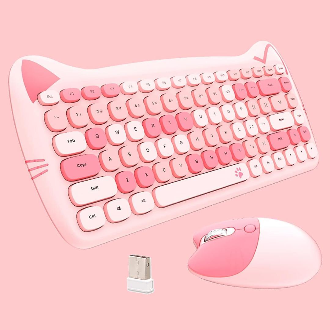 Cute Cat Keyboard and Mouse Combo, TzBBL Keyboard and Mouse Set, Compatible with Notebook, PC (multicolor pink)
