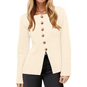 Button Up Cardigan Sweater for Women Long Sleeve Lightweight Knit Business Blazer Tops (Medium, Apricot)