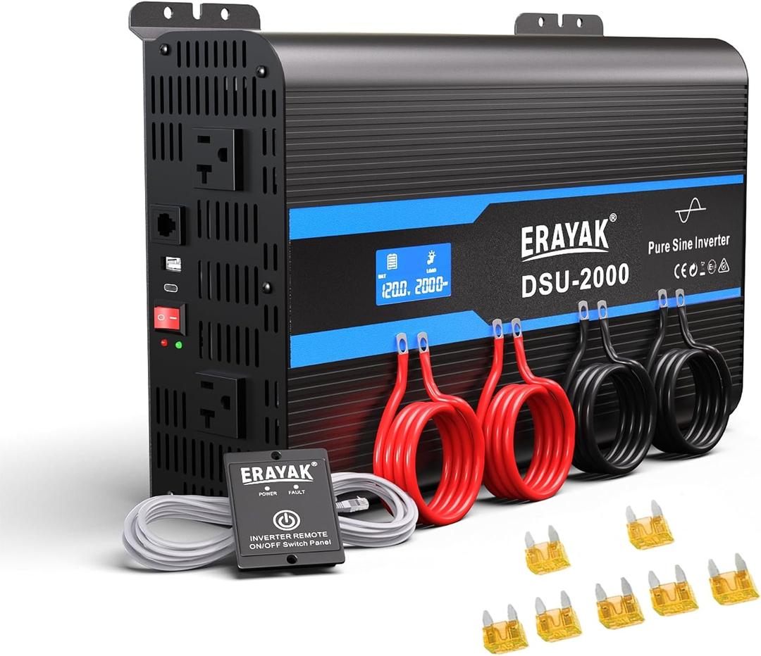 Erayak 2000W Pure Sine Wave Power Inverter 12V DC to 110V 120V AC Converter for Home, RV, Truck, Off-Grid Solar with 18W USB-C, Fast Charger, LCD Monitor, 6m Remote Controller