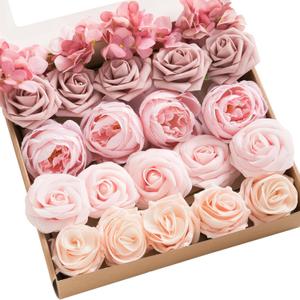 Ling's moment Artificial Flowers Fake Silk Hydrangea Foam Roses Faux Gardenia Combo for DIY Wedding Bouquets Centerpieces Arrangements Bridal Shower Party Home Decorations, Pink & Blush, 24pcs