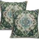 Linen Pillow Covers 18x18 Set of 2 - Boho Vintage Ethnic Carpet Rug Design Throw Pillows for Sofa, Bed, Chair Living Room Breathable Farmhouse Bohemian Decor Pillowcases(Emerald Green)