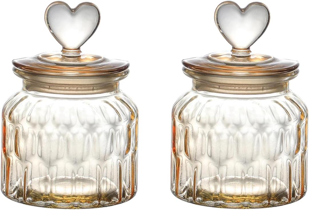 Glass Storage Jars with Cute Heart Shaped Lids - 23oz Airtight Food Canisters for Candy Cookies Sugar Spices Snacks - Candy Jars for Wedding and Home Decoration (2PCS)