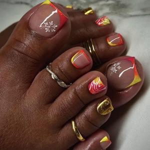 French Tip Press on Toenails Short Square Summer Toe Nail Press ons Fake Toenails with Flower Flame Designs Cute French Tip Toes Press on Nails Rainbow False Toenails for Women DIY Nails Manicure Kit
