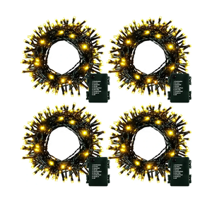 4 Pack- Battery Operated Outdoor Tree String Lights with 50 Warm White LEDs on 16.5ft/5m of Dark Green Cable, Outdoor Battery Xmas Wreath Lights with Timer for Christmas Yard Holiday Decoration