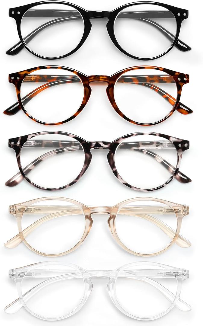 Pack of 5 Reading Glasses For Women/Men-Blue Light Blocking Computer Reader w/Round Frame - Retro Clear Lens Fake Eyeglasses1.25 (Black + Transparent +Leopard + Tortoise + Orange)