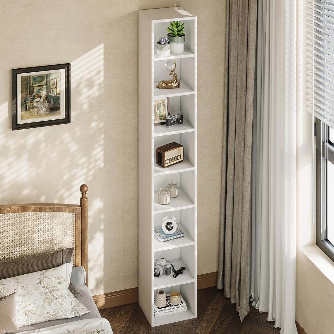 8-Tier Narrow Bookshelf, 71.5" Tall Corner Bookcase, Modern Book Shelf with Storage Space, Wooden Display Storage Shelves for Bedroom, Living Room and Office, White