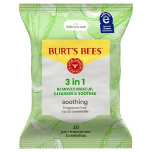 Burts Bees Soothing, Fragrance Free Facial Towelettes for Sensitive Skin, Aloe Vera, 100% Plant Based Cloths; 99% Natural Origin; Removes Makeup, Dirt and Oil; No Rinsing