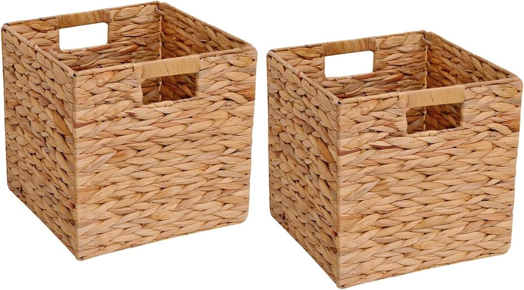 Wicker Storage Basket Foldable Hyacinth Storage Box Set of 2, 12x12x12 Inch - Handmade Woven Basket for Closet, Shelf Organization & Decor