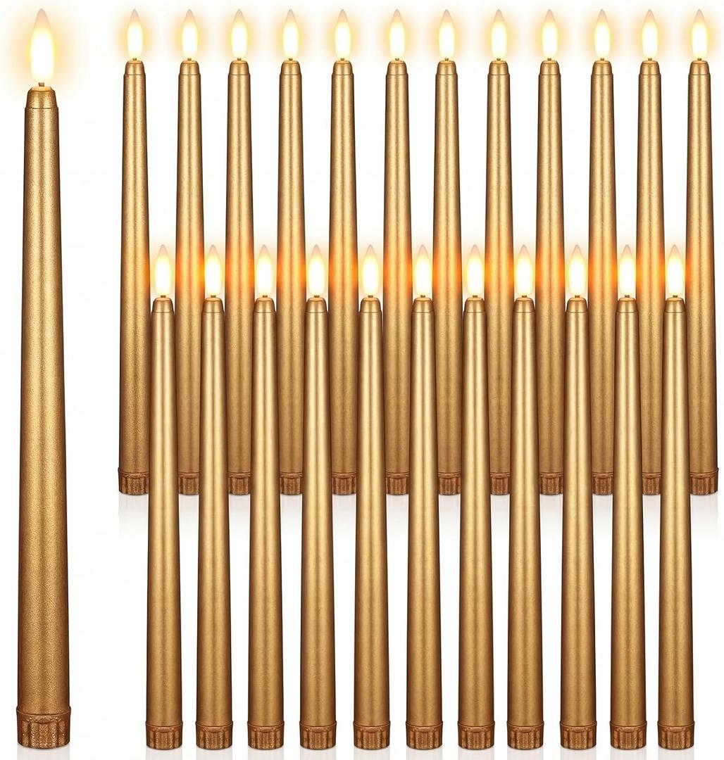 Macarrie 24 Packs Flameless Taper Candles Battery Operated Fake 11 Inch Long Candlelight LED Flameless Candlesticks Flickering Tapered for Spring Summer Wedding(Gold)