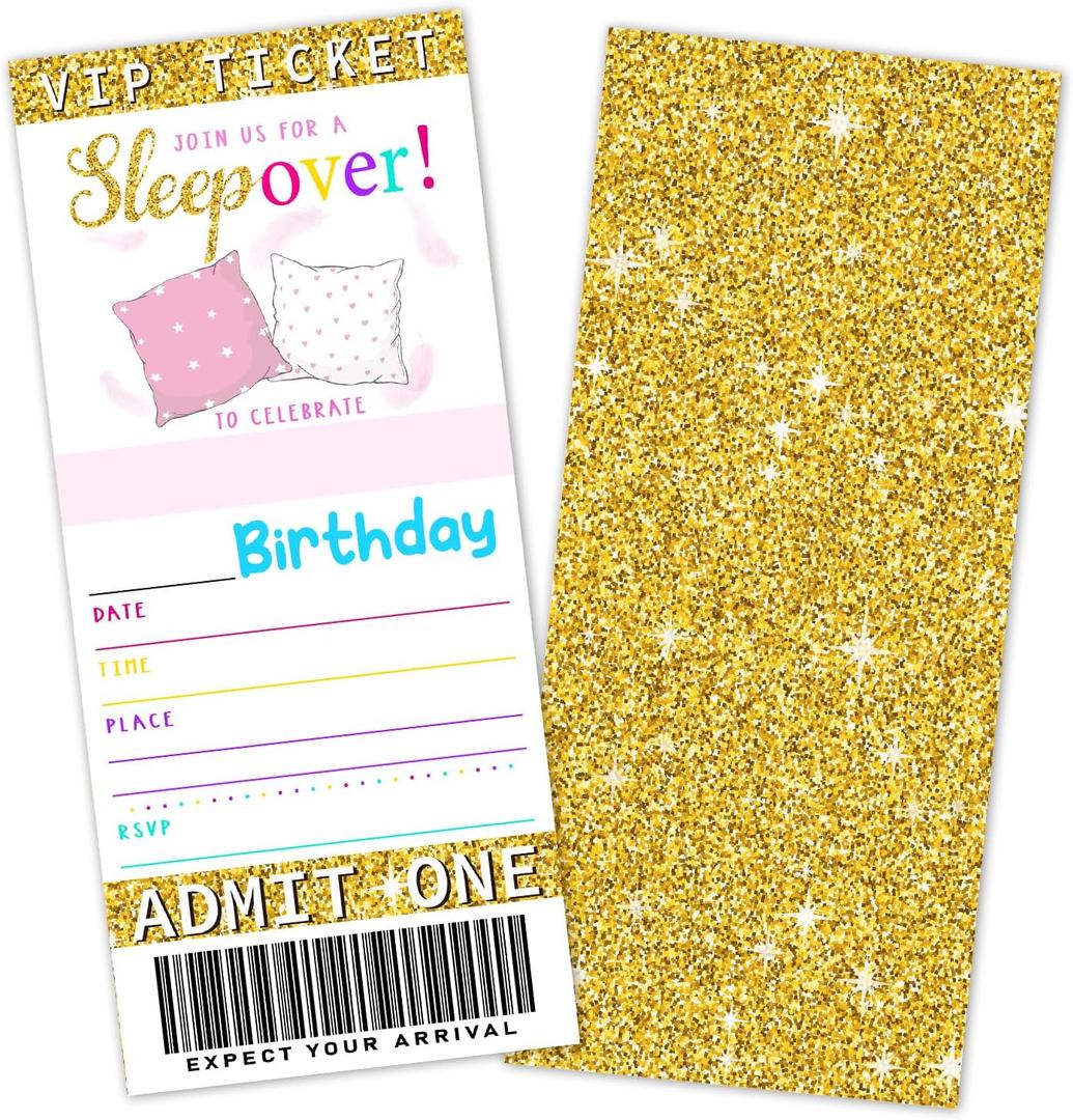 Sleepover Birthday Party Ticket Invitations For Adult, Gold Glitter Birthday Invites, 20 Invitation Cards With Envelopes, Golden Party Favors Decorations -023