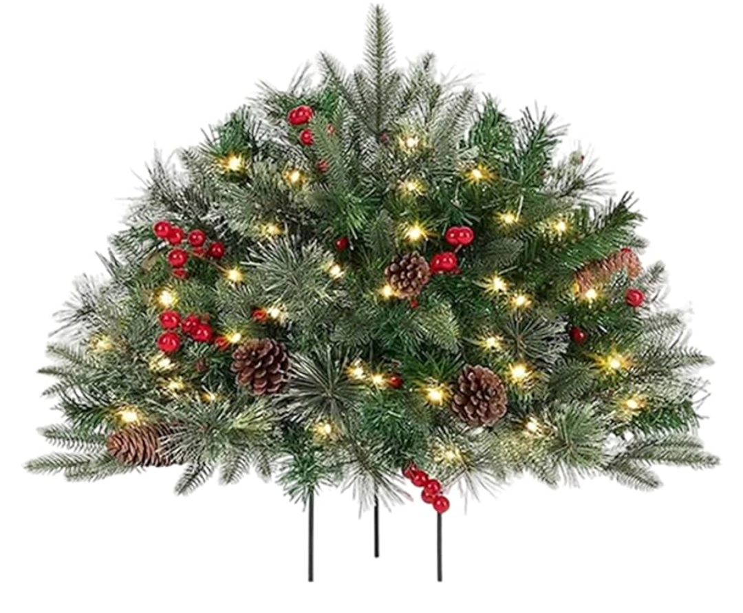 Lighted Artificial Christmas Tree Urn Filler Pre-lit Pine Trees Ornaments Outdoor Light Up Planter Filler Holiday Home Decorations