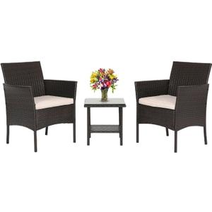 FDW Patio Bistro Conversation Set Wicker Furniture 2 Rattan Chairs Cushions and Glass Coffee Table for Porch Lawn Garden Balcony Backyard, 3 Pieces, Brown and Khaki