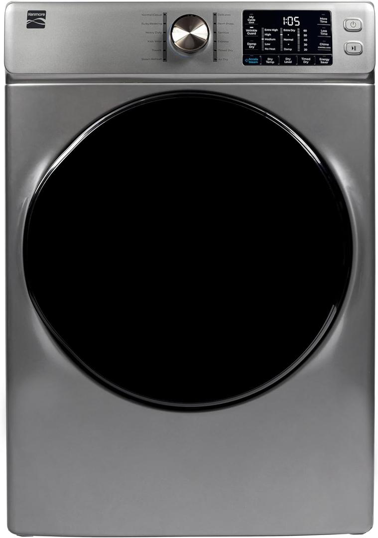 Kenmore 8.0 cu. ft. Front Load Gas Dryer - Wrinkle Guard with Accela Steam to Reduce Static and Odors - Sanitize & Smart Sensor Drying - LED - Metallic Silver