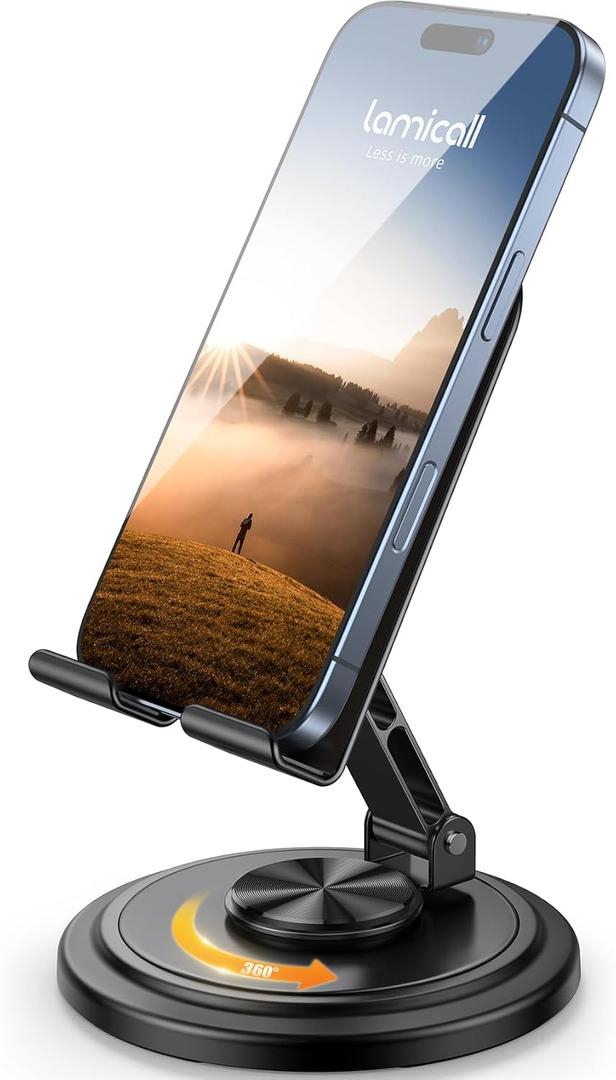 Lamicall Cell Phone Stand for Desk - [360 Rotation] Sturdy Adjustable Desktop Phone Holder, Foldable Mobile Stand, Office Desk Accessories Gifts for iPhone 17 16 15 14 Pro Max, Galaxy S26, Cellphone (Black)