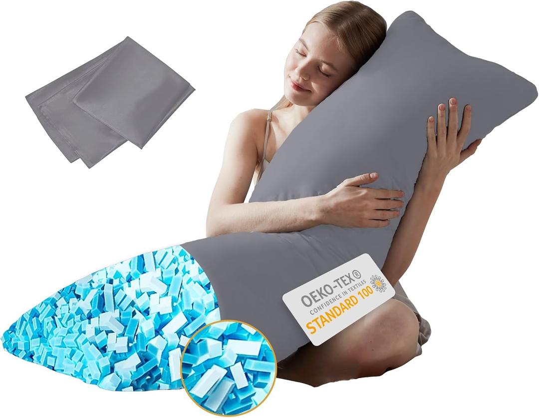 DOWNCOOL Memory Foam Body Pillow Insert with Fiber Cover - Large Full Body Pillows for Adults - Soft Long Bed Pillows for Side Sleepers - 20x54 inch (Grey, with Cover)