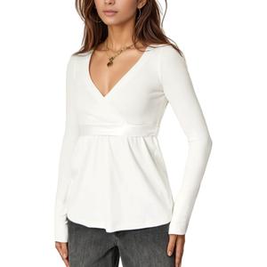 Women’s Long Sleeve Wrap V Neck Babydoll Top, Flowy Hem Fall Fashion Tunic Tops White (White, L)
