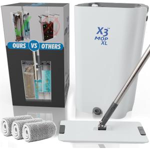 X3 Mop XL, Separates Dirty and Clean Water, 3-Chamber Design, Flat Mop and Bucket Set, Hands Free Home Floor Cleaning, 3 Reusable Microfiber Mop Pads Included