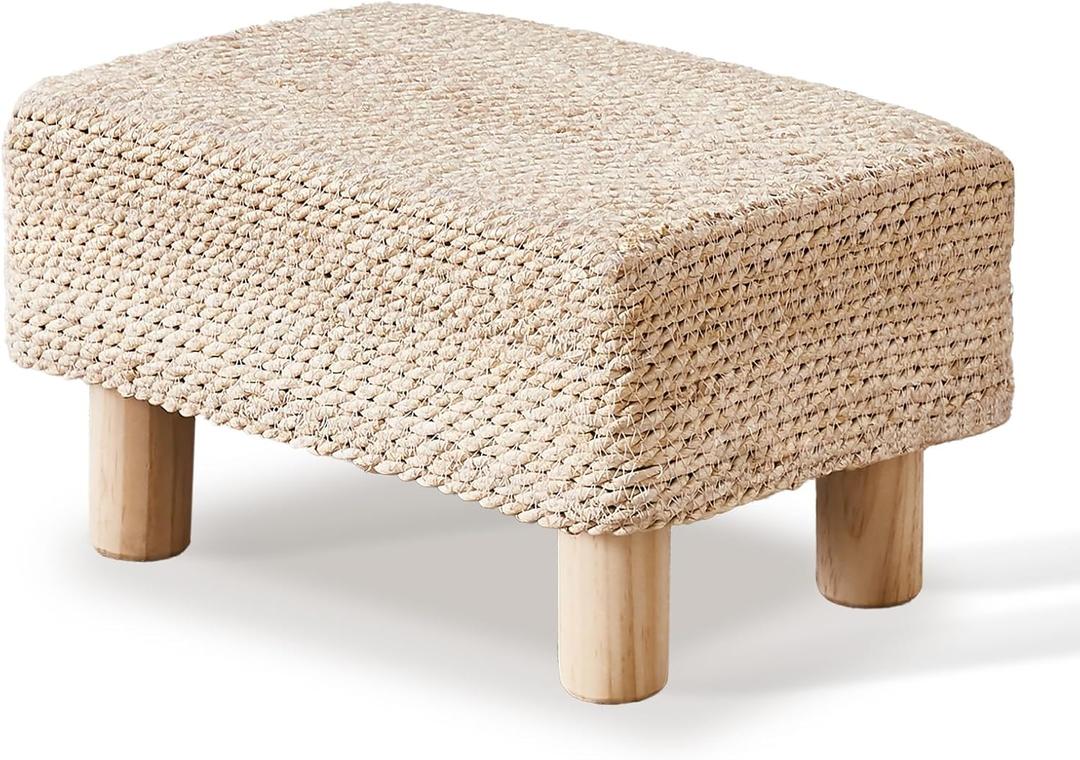 Cpintltr Foot Stool Ottoman Rectangular Footrest Pouf Ottomans Natural Seagrass Footstool with Wooden Legs Hand Weave Step Stool for Living Room Bedroom Entryway Natural White