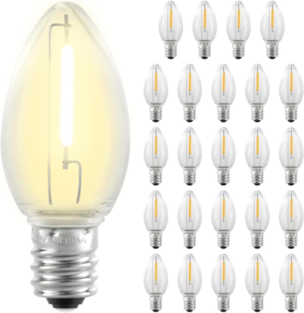 25 Pack C7 LED Replacement Christmas Light Bulbs,Clear 0.6W Energy Efficient E12 Candelabra Base,Shatterproof Warm White 2700K for Christmas Trees,Holiday String Decorations, Patio, Garden,Halloween