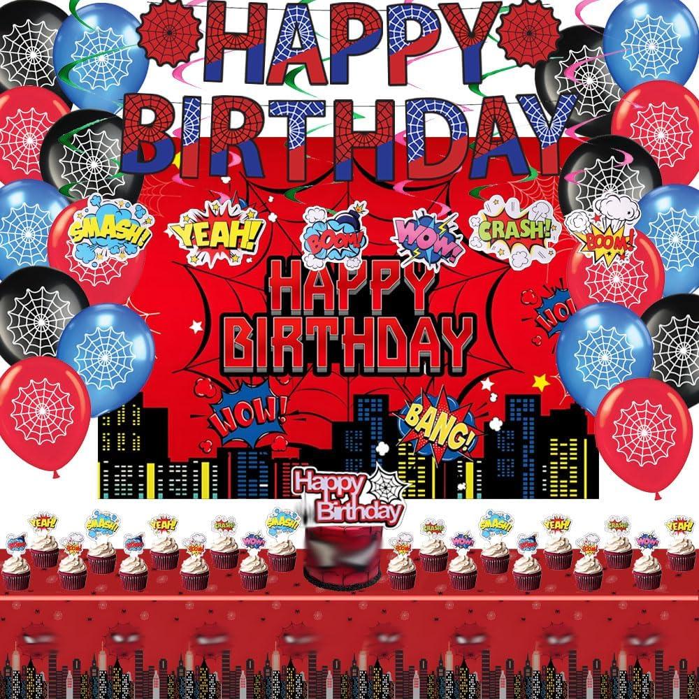 Spider Theme Birthday Party Supplies Party Decorations Including Birthday Banner, Backdrop, Balloons, Hanging Swirls, Tablecloth, Cake Toppers for spider Party