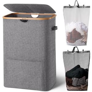 Laundry Basket with Lid,Double Laundry Hamper with Handles and 2 Removable Inner Bags,Large Hamper with Bamboo Handles for Laundry Room, Dorm and Bedroom,150L Grey