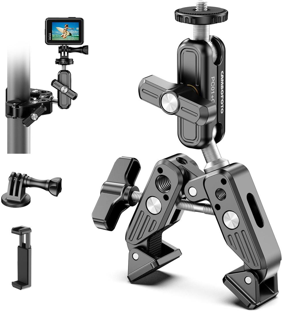 Super Clamp Camera Mount, 360 Dual Ballhead Magic Arm, 1/4"-20 & 3/8"-16 Threads, Super Clamp Kit for Phone/LED Lights/DSLR Camera/Gopro/Ronin-M/MOVI/Insta360/Tripod/Desk (Black)