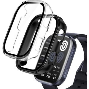 EWUONU 2 Pack Compatible with Amazfit Bip 6 Case, Tempered Glass Screen Protector with Hard PC Bumper Cover HD Anti-Scratch Full Protective Cover for Men Women Watch Accessories, Black+Clear