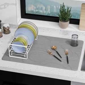 Large Stone Drying Mat for Kitchen Counter, 24"  16" Diatomite Dish Drying Mat, Quick Dry Stone Mats, Ultra Absorbent Natural Diatomaceous Earth Mats for Dished, Bottles, Dark Grey