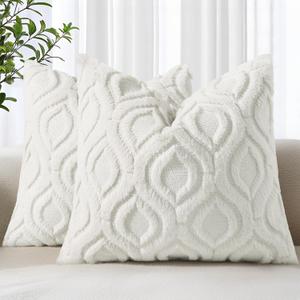 decorUhome Throw Pillow Covers 16x16 Inch Set of 2, Soft Plush Faux Wool Cream White Solid Couch Pillow Covers, Accent Farmhouse Neutral Square Pillow Cases for Sofa Bed Living Room