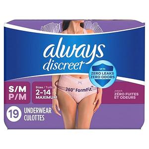 Always Discreet Adult Incontinence Underwear for Women and Postpartum Underwear, Small/Medium, Up to 100% Bladder Leak Protection, 19 Count
