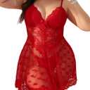 Women Plus Size Babydoll Lingerie Lace Chemise Mesh Sleepwear Strappy Sexy Nightgown Boudoir Outfit L-4XL (Red Heart Printed)
