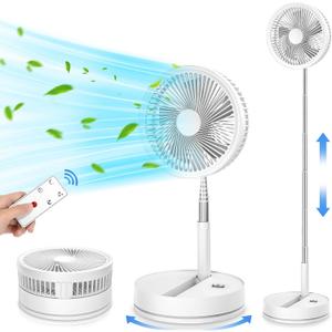 LIPETY 9" Portable Oscillating Standing Fan - 7200mAh Rechargeable Battery Foldable Desk Travel Camping Pedestal Fan, Stand Up Tall Floor Fan for Sleeping Bedroom Home (White)