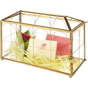 Glass Wedding Card Box with Gold Metal Frame, Envelope Card Reception Box with Heart Lock, Transparent Glass, 12.6 x 5.9 x 9 in