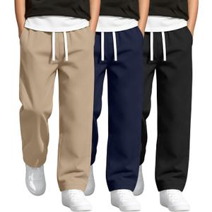 Oakgarden 3 Pack Boys' School Uniform Pants Cotton Straight Leg Trousers Casual Drawstring Pants with Pockets (8-9 Years,Light Khaki, Navy Blue, Black)