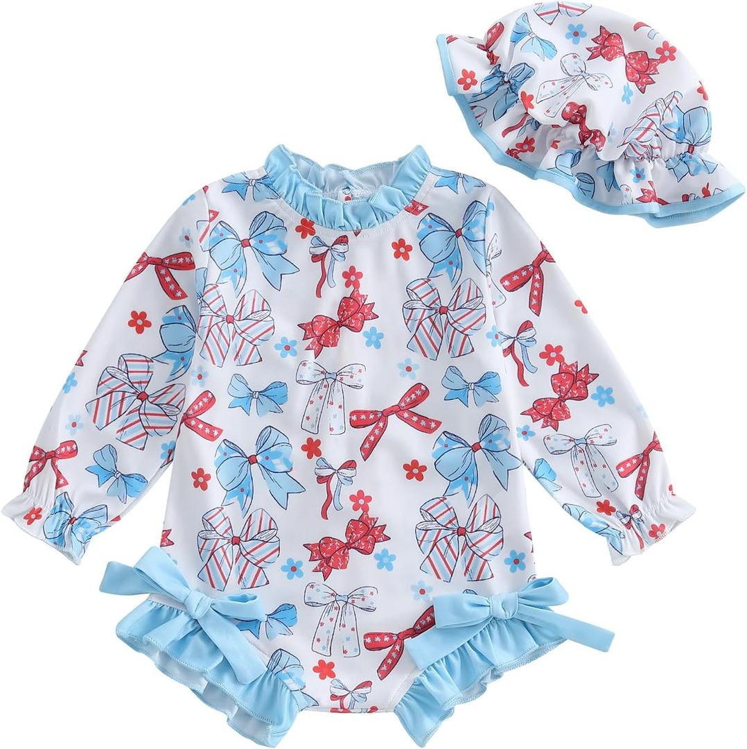 4th of July Toddler Baby Girl Swimsuit Patriotic Bow Swimwear Long Sleeve Zipper Rash Guard Ruffle Bathing Suit (Blue)