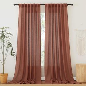 RYB HOME 108 inch Curtains Linen Woven - Shabby Chic Modern Elegant Semi Translucent Drapes Sun Filter Glare Control for Sliding Glass Door Doorway Hotel, Wide 52 by Long 108, 2 Panels, Terracotta