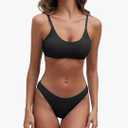 Fanuerg Women's Ribbed Bikini Sets Scoop Neck Cheeky Swimsuit Textured Two Piece Bathing Suit Small, Black 