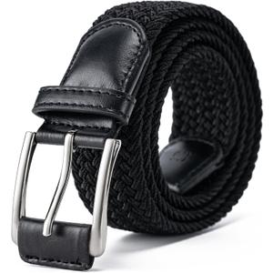 Mens Belt, Canvas Elastic Fabric Woven Stretch Multicolored Braided Belts for Golf Casual Pants Shirts Jeans (38"-42" Waist Adjustable, All Black)