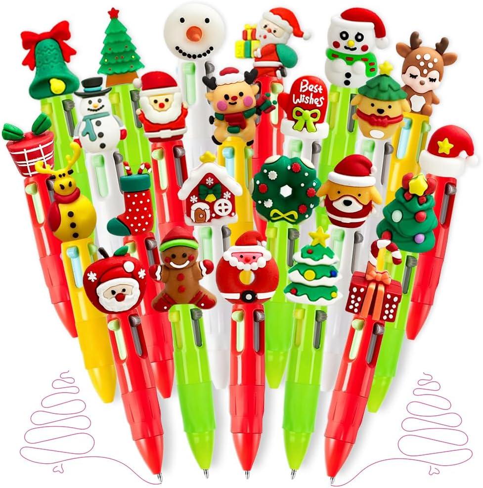 24 Pcs Christmas Fun Pen Bulk Mini Multicolor 4 in 1 Ballpoint Cute Retractable Pens for Winter Holiday Birthdays Parties Prizes Office Writing Supplies Goodie Bag Stuffers