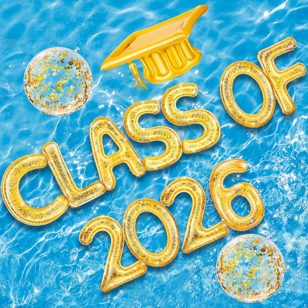 Sumind 14 Pcs Class of 2026 Pool Float Decorations, 15 x 20 Inch Inflatable Letters Set, Glitter Prom Party Decor with Grad Cap & Ball for Grad Pool Party, Photo Props, Graduation Games (Gold)