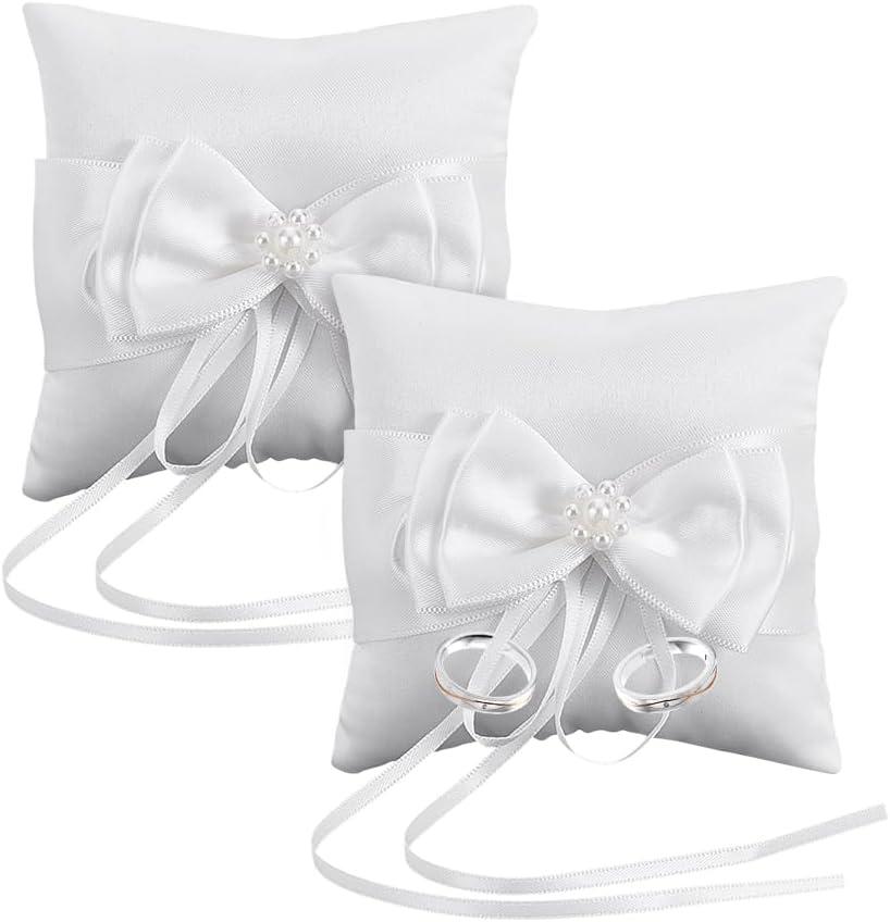 UNICRAFTALE 2Pcs Square Pearl Ring Pillow Wedding Ring Cushion White Polyester Rings Holder Rings Bearer Pillow Jewelry Display for Beach Weddings & Engagement Ceremonies 3.66x3.66x1.69 Inch