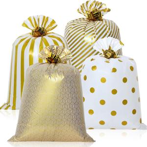Fulmoon 4 Pcs 48 Inch Jumbo Gift Bag Golden Extra Large Bags with Pull Flowers, Plastic Giant Gift Oversized Wrapping for Graduation Wedding Birthday(Classic,Gold)