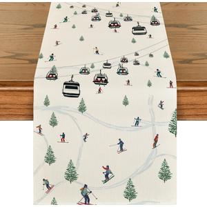 Artoid Mode Ski Lift Pine Tree Skiing Snow 210 GSM Winter Table Runner, Seasonal Kitchen Dining Table Decor for Home Party 13x36 Inch (Beige)