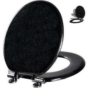 Angol Shiold Glitter Toilet Seat Molded Wood Round Toilet Seat with Quietly Close and Quick Release Hinges, Easy to Install also Easy to Clean (Round 16.5'', Black)