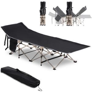 Folding Camping Cot for Adults with Carry Bag, Side Pocket, Outdoor Portable Sleeping Bed for Travel, Camp, Vacation, 330 lbs. Capacity, Black